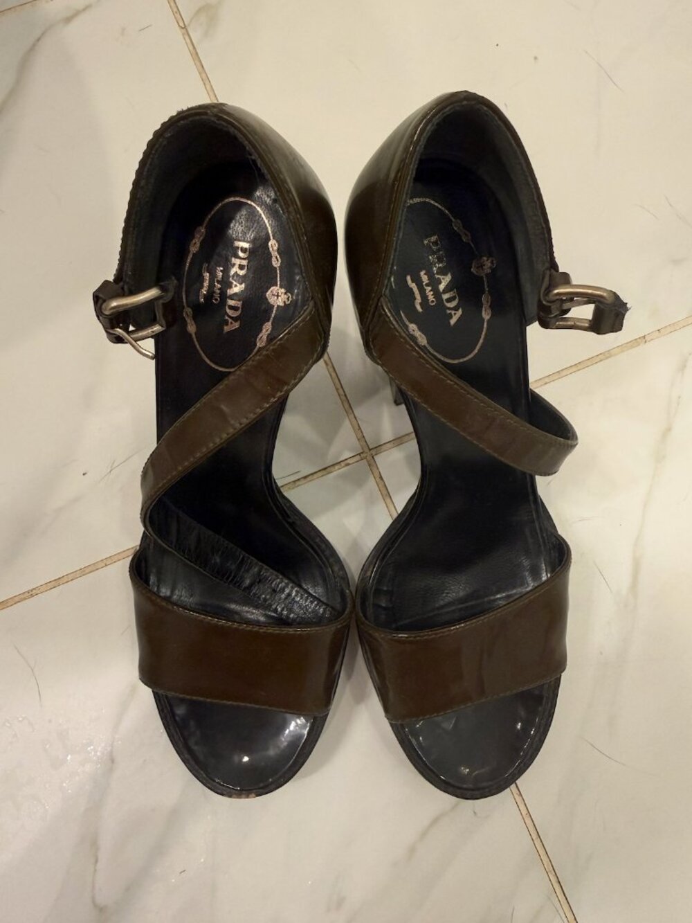 Prada Milano Patent Leather Platform Sandals — Olive/Dark Brown | Size 7